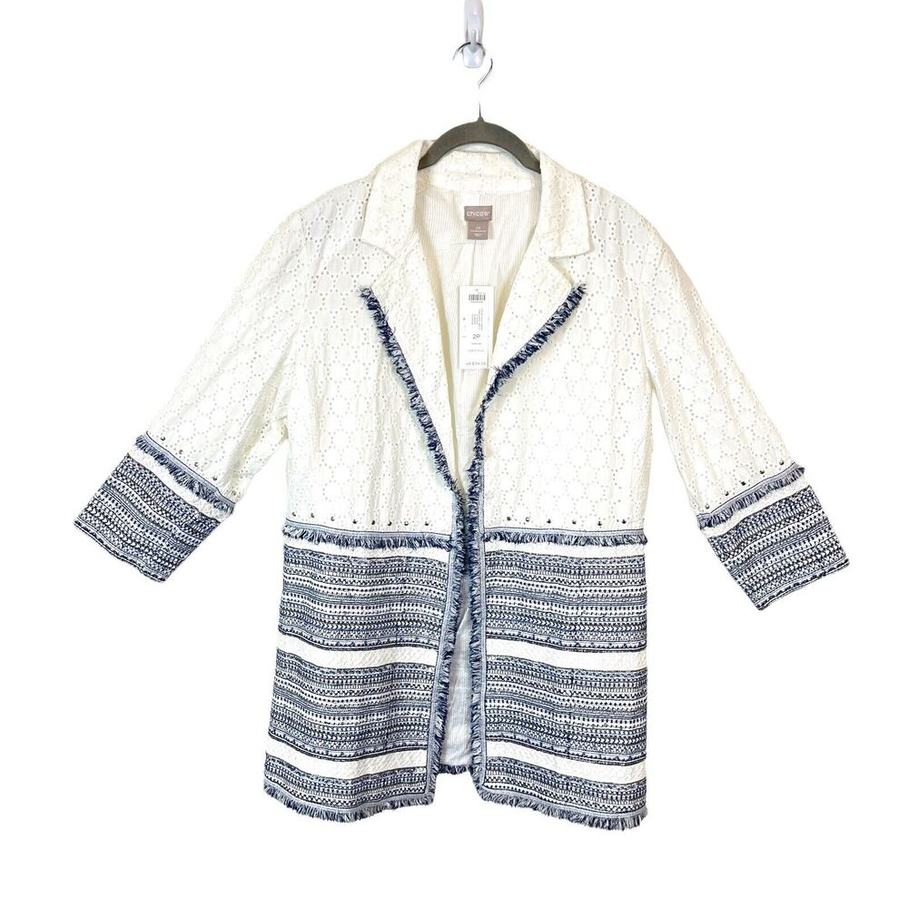 Chico's Eyelet Topper Jacket Embellished Cotton Linen White Blue SZ 12 P NWT